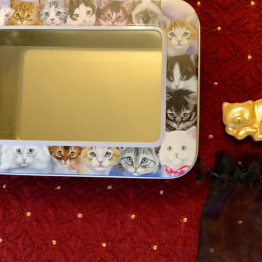Cat lovers tin, and opal ceramic cat pin with gift bag.